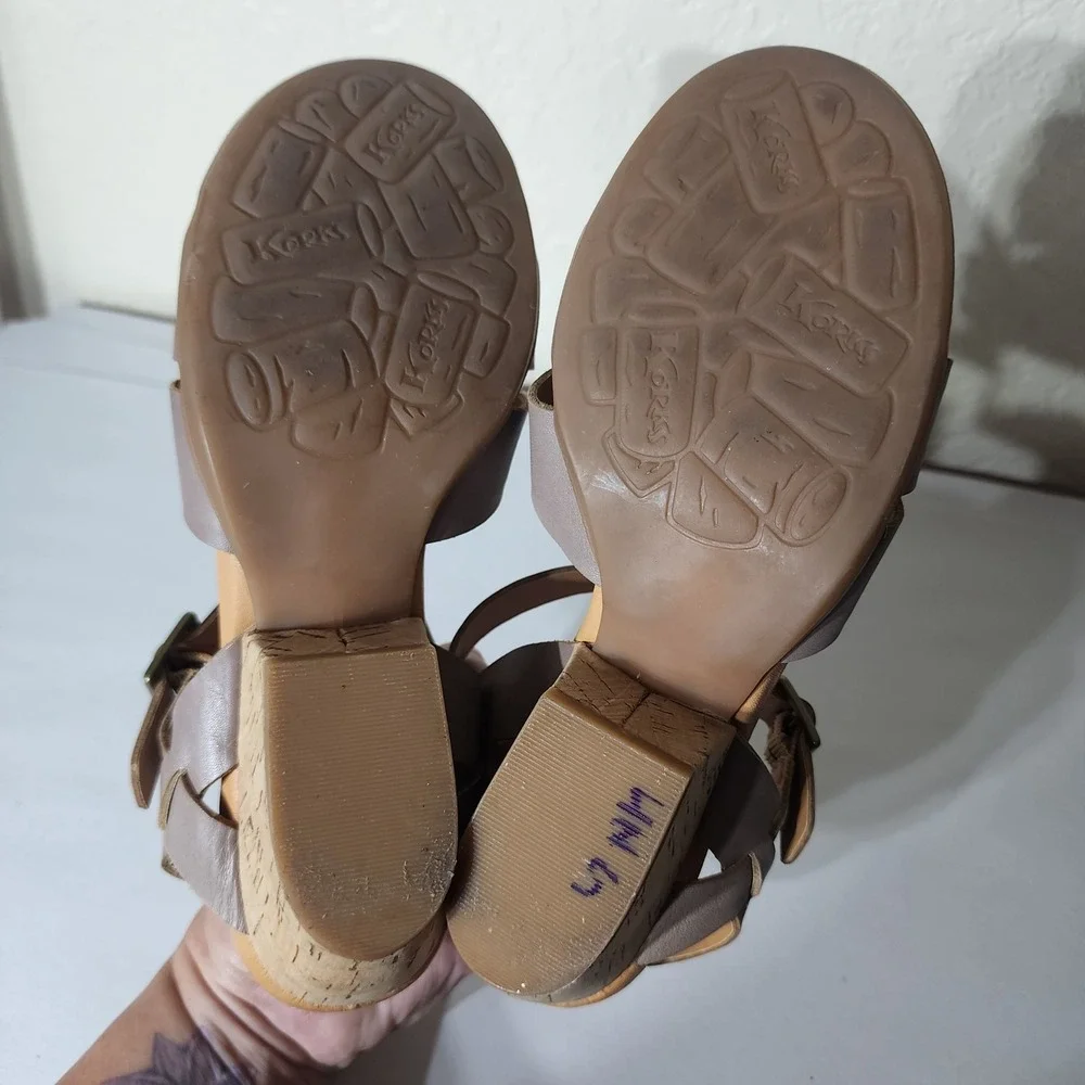 Korks by Kork-Ease Womens Taupe Leather Strappy Cork Wedge Sandals Ankle Strap